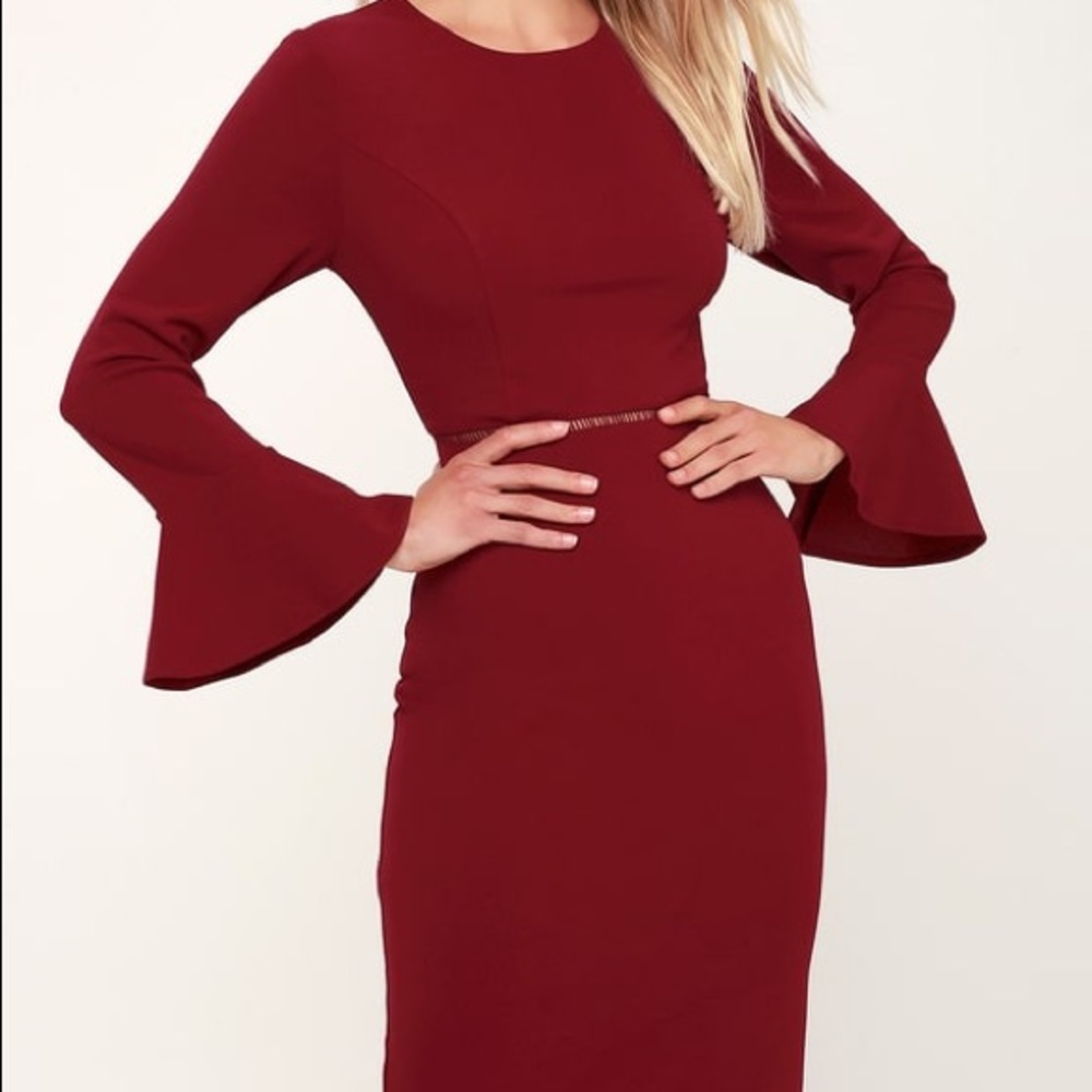 Lulus ALAYNA RED FLOUNCE SLEEVE MIDI DRESS